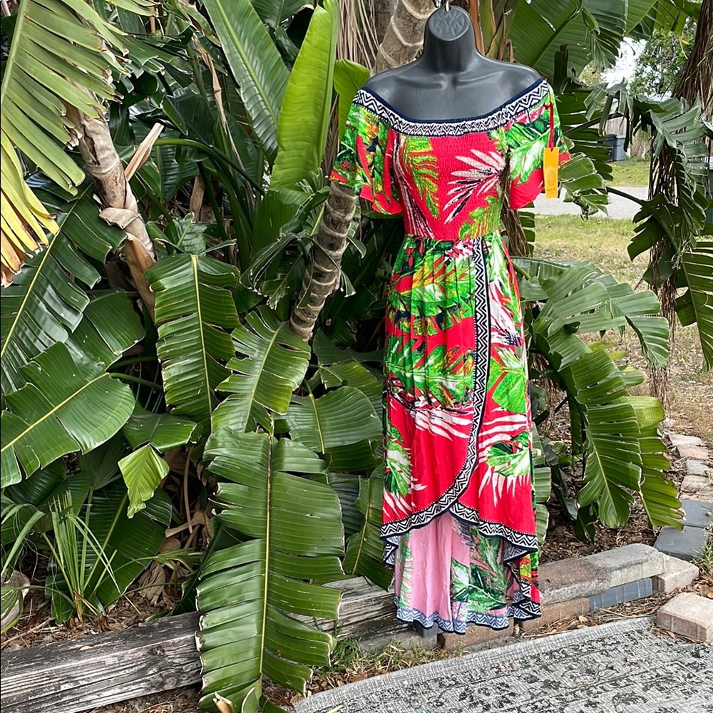 Jealous, tomato, tropical floral off the shoulder asymmetric dress